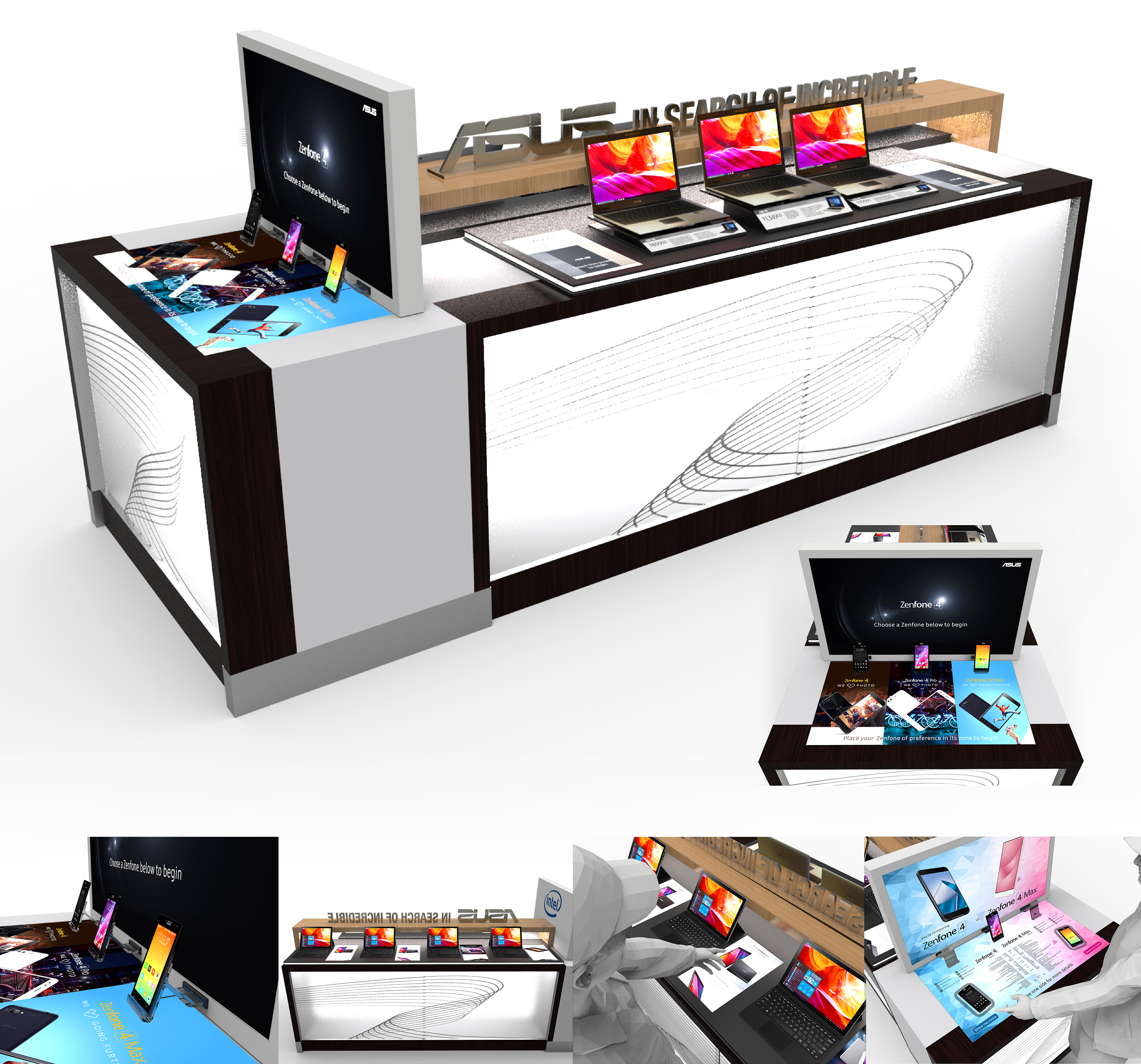 Best Buy ASUS interactive retail fixture concept showing laptops, smartphones, digital comparison surfaces, and multiple customer viewpoints