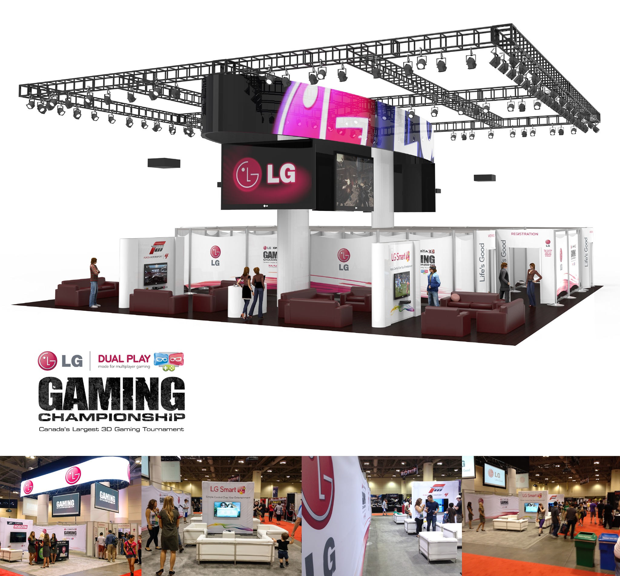 LG FanExpo Gaming Championships environment: a large 3D booth rendering with four installation photographs below