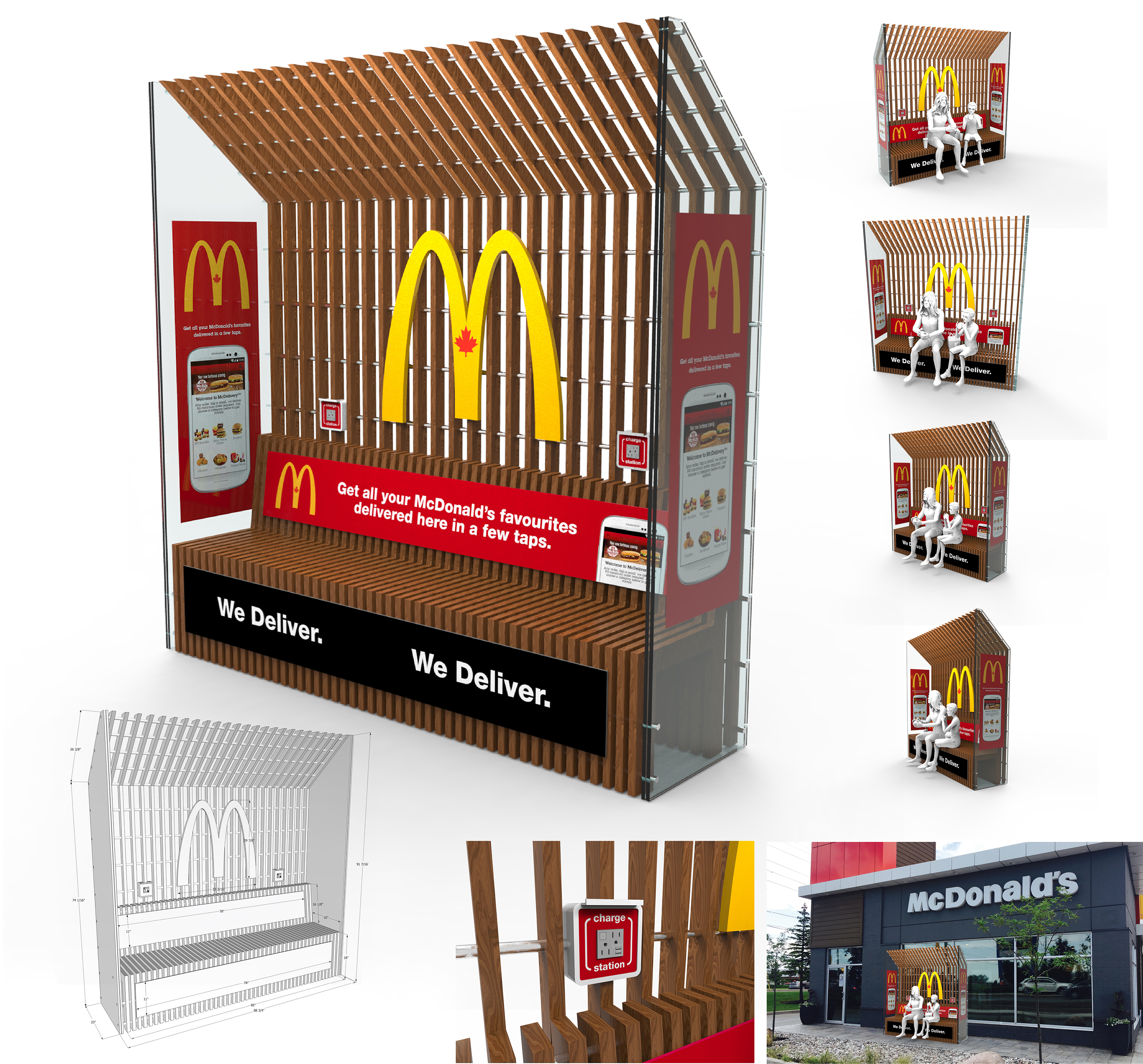 McDonald’s outdoor order bench and charging station shown through 3D views, construction details, and an exterior context rendering