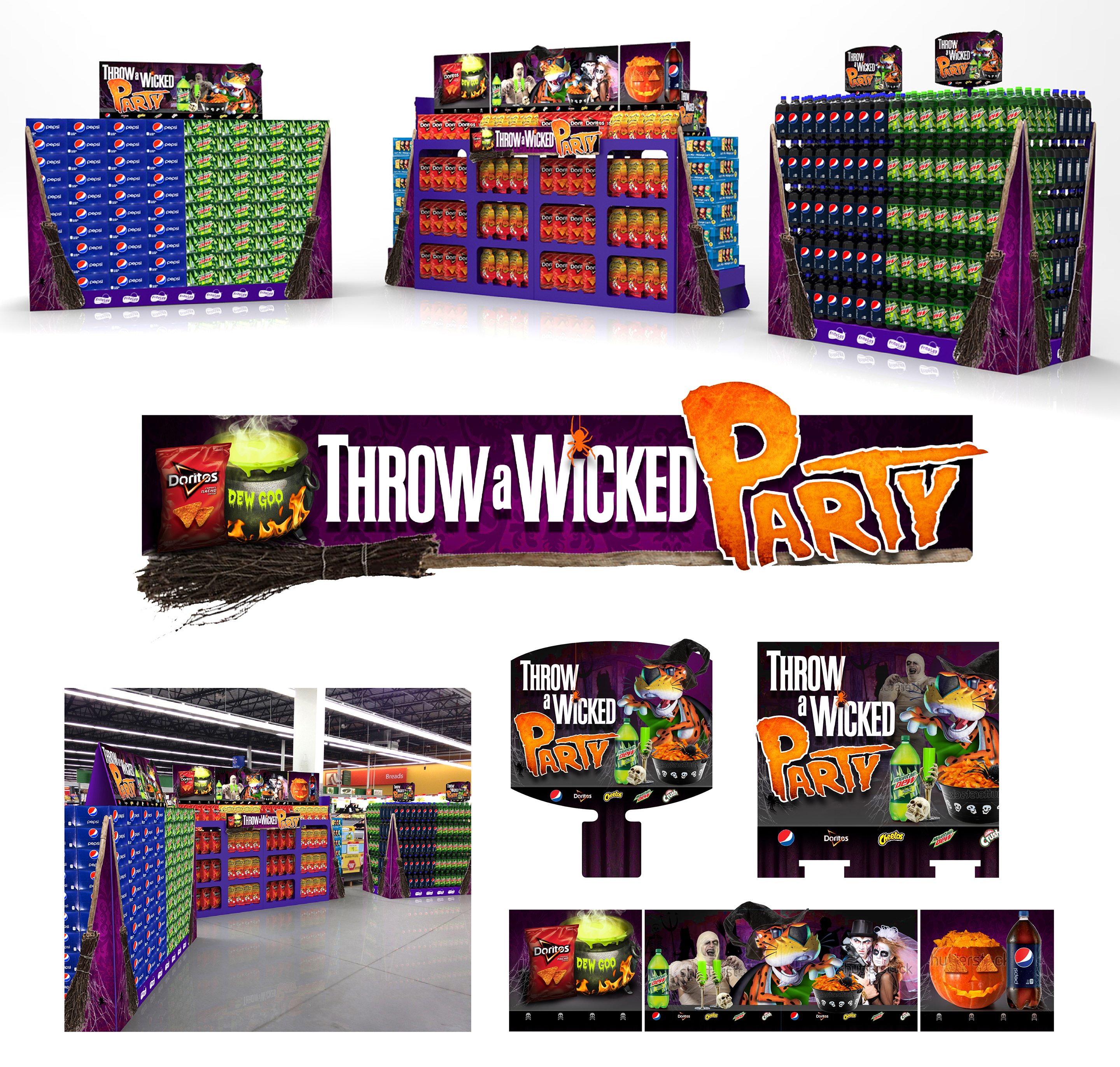 PepsiCo Halloween pallet display system showing three-dimensional concepts, campaign graphics, production components, and an in-store installation