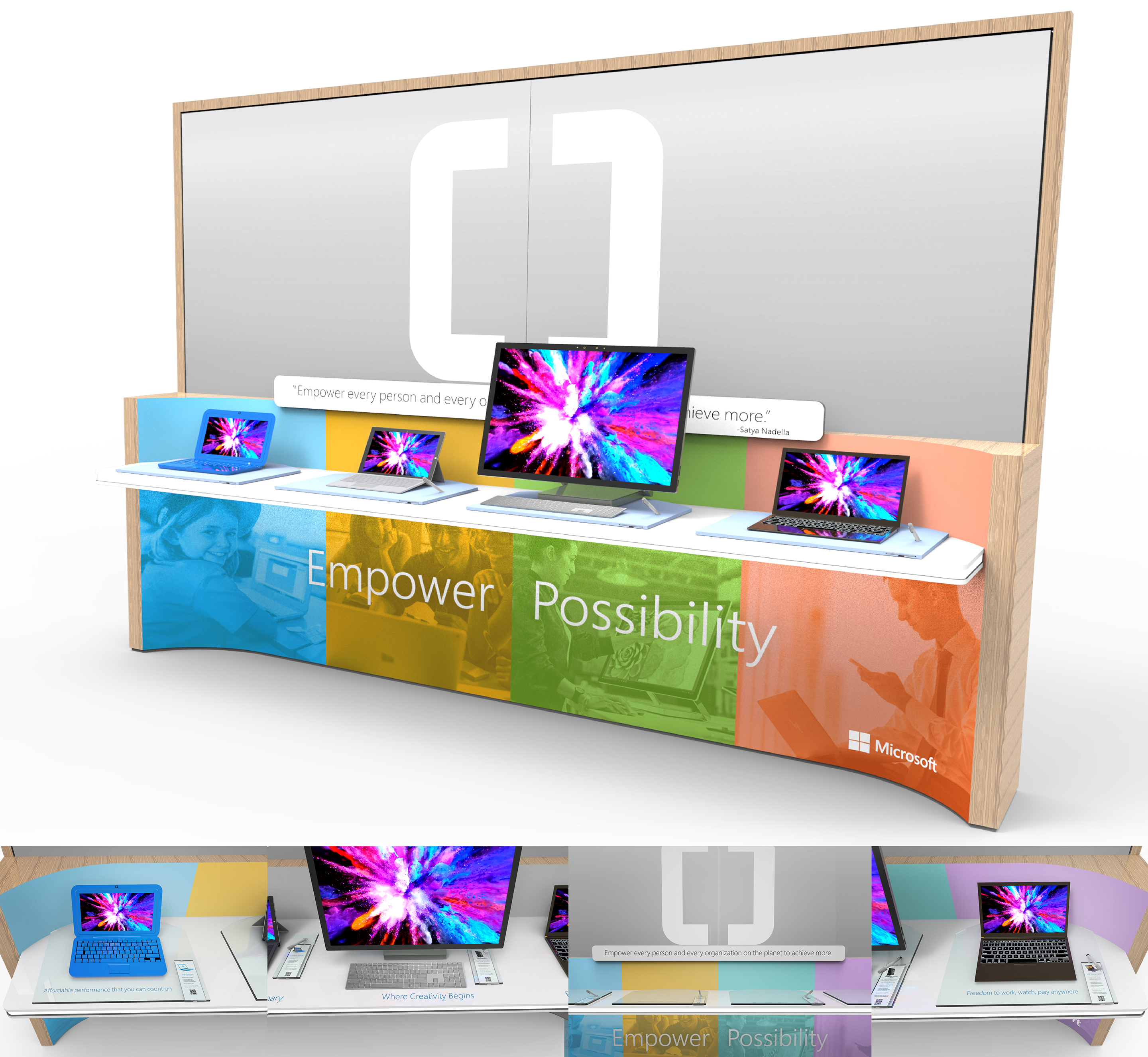 Staples Microsoft Education and Business Experience Display showing colour-coded product zones, tablets, laptops, an all-in-one computer, and benefit-led messaging