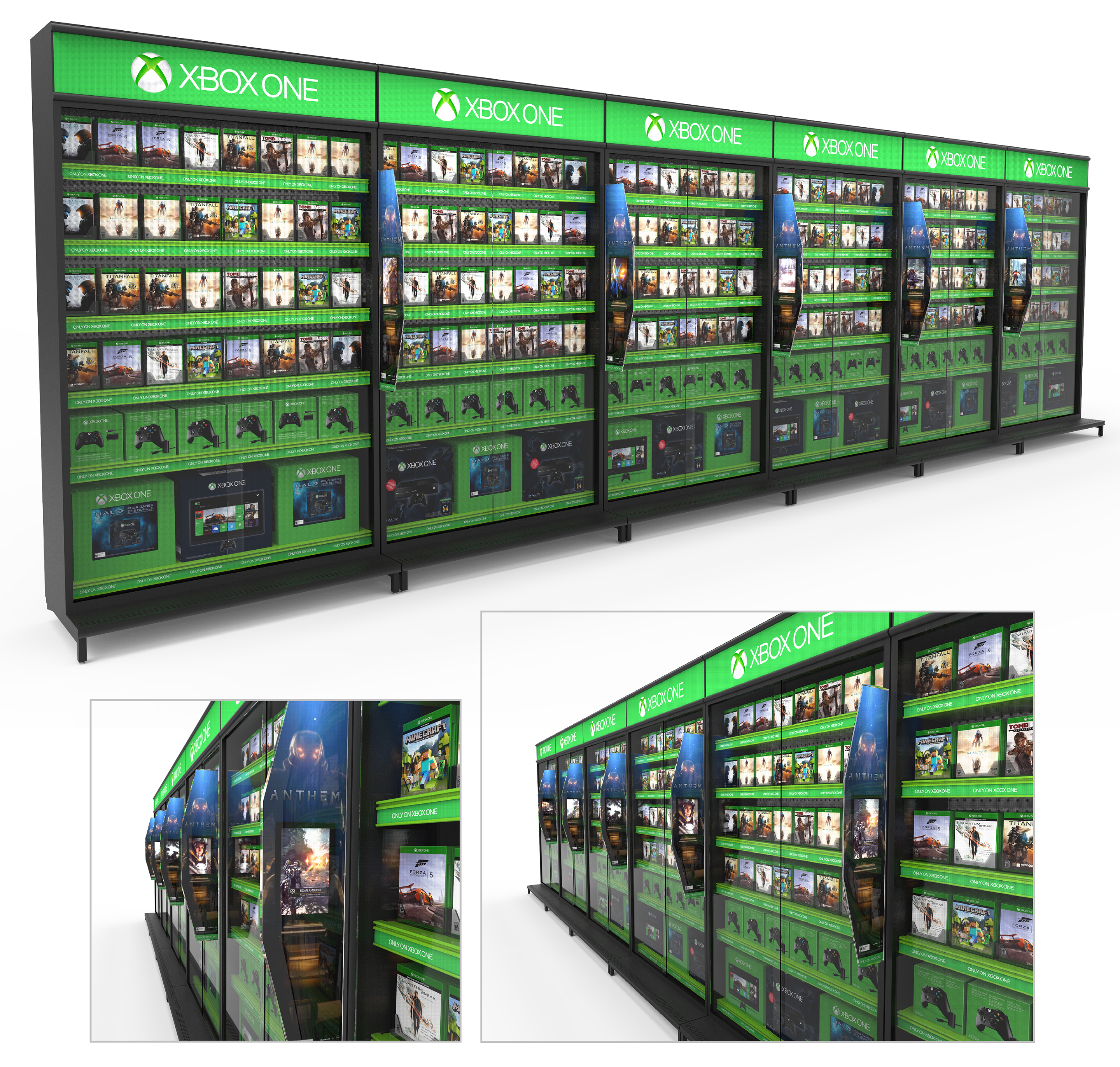Xbox One X retail wall display program showing a large modular game, console, and accessory system with detailed angled views
